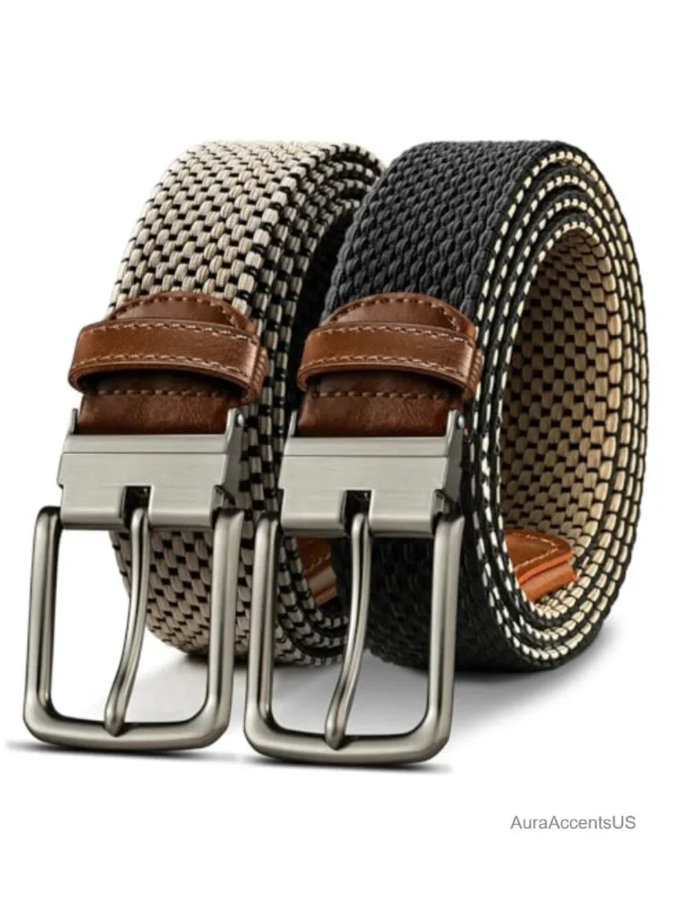 Men's Reversible Stretch Braided Woven Web Belt, 2-in-1, Holeless, Adjustable,
